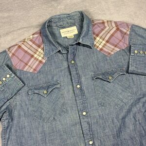 Denim & Supply Ralph Lauren Western Shirt Mens Large Blue Chambray Plaid Yoke